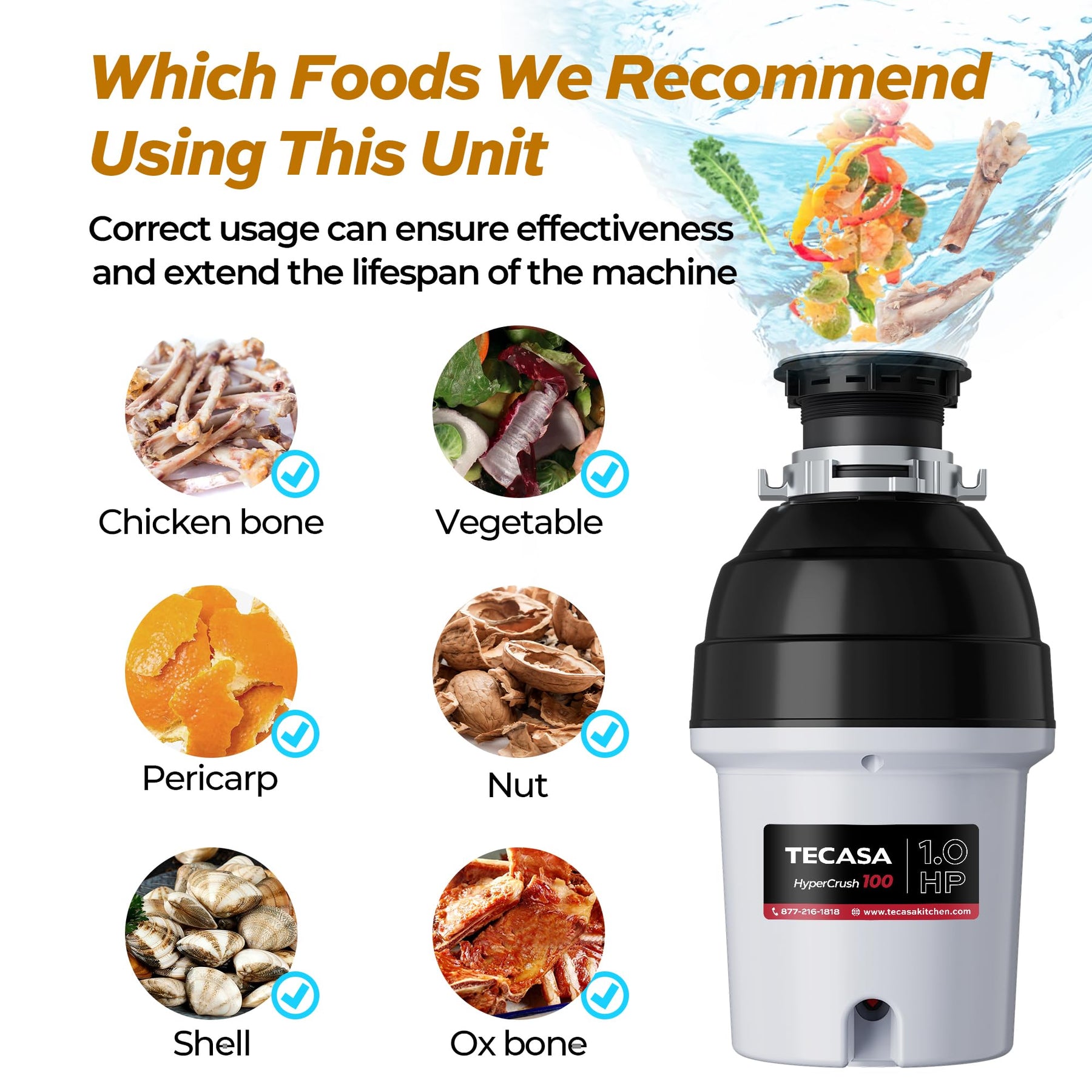 Tecasa HyperCrush 100 1.0 HP Twist-and-Lock Continuous Feed Garbage Disposal Kitchen Sink Food Waste
