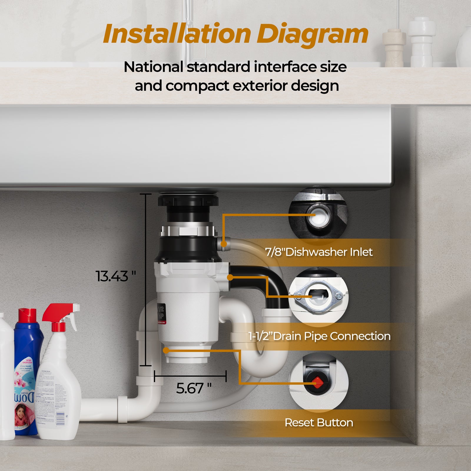 Tecasa HyperCrush 50 1/2 HP Twist-and-Lock Continuous Feed Garbage Disposal Kitchen Sink Food Waste