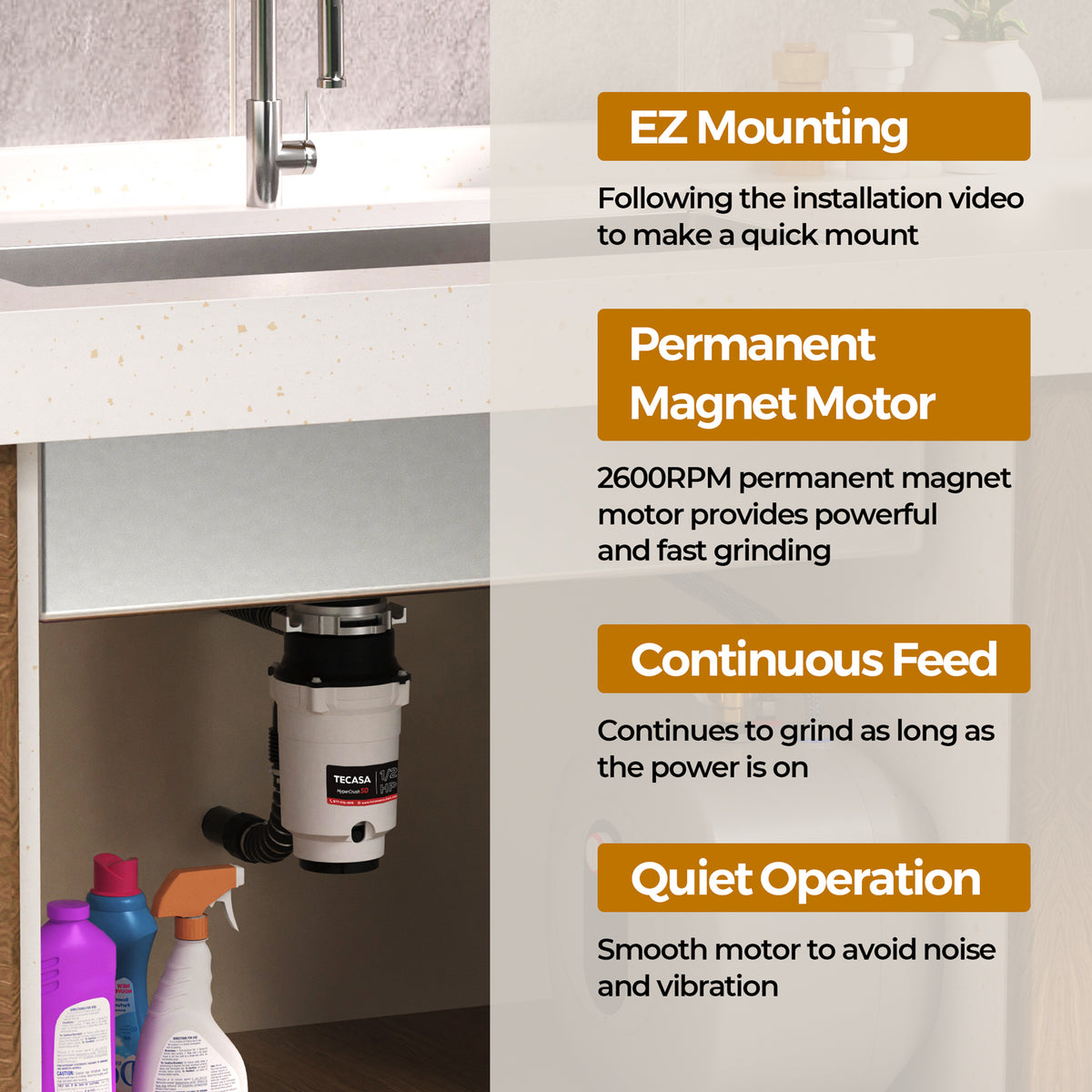 Tecasa HyperCrush 50 1/2 HP Twist-and-Lock Continuous Feed Garbage Disposal Kitchen Sink Food Waste