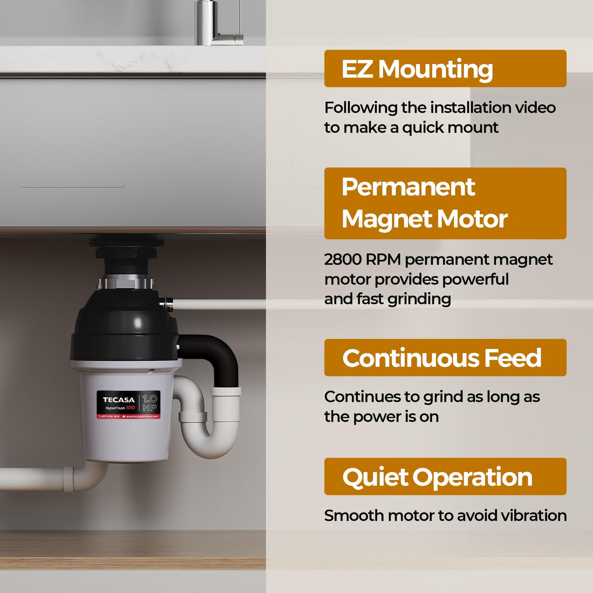 Tecasa HyperCrush 100 1.0 HP Twist-and-Lock Continuous Feed Garbage Disposal Kitchen Sink Food Waste