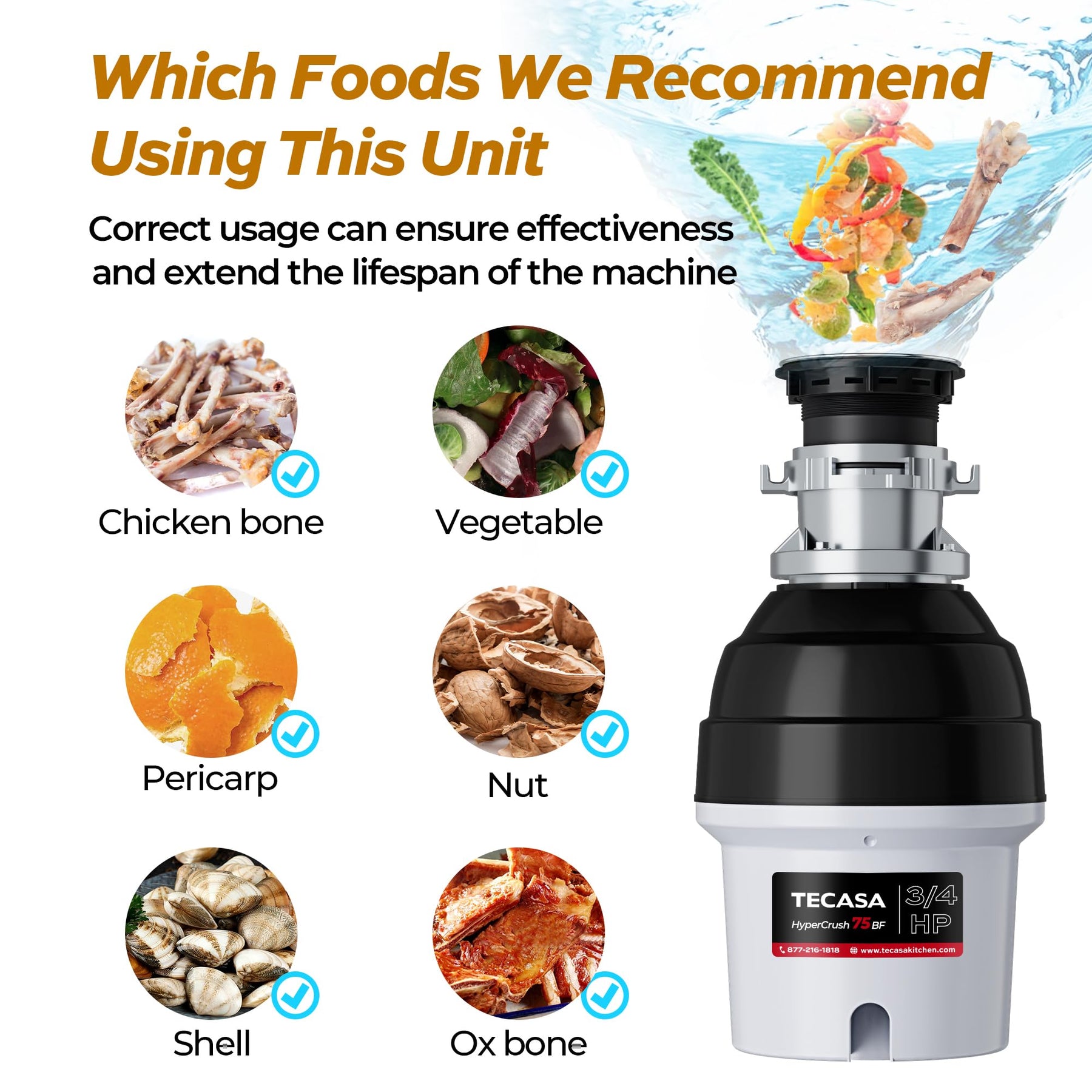 Tecasa HyperCrush 75 3/4 HP Twist-and-Lock Batch Feed Garbage Disposal Kitchen Sink Food Waste