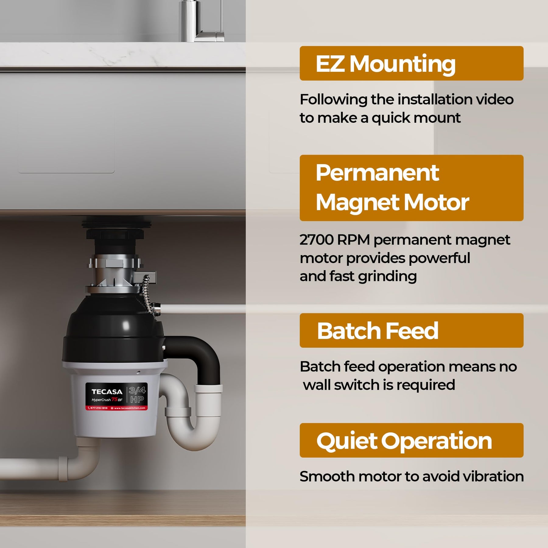 Tecasa HyperCrush 75 3/4 HP Twist-and-Lock Batch Feed Garbage Disposal Kitchen Sink Food Waste