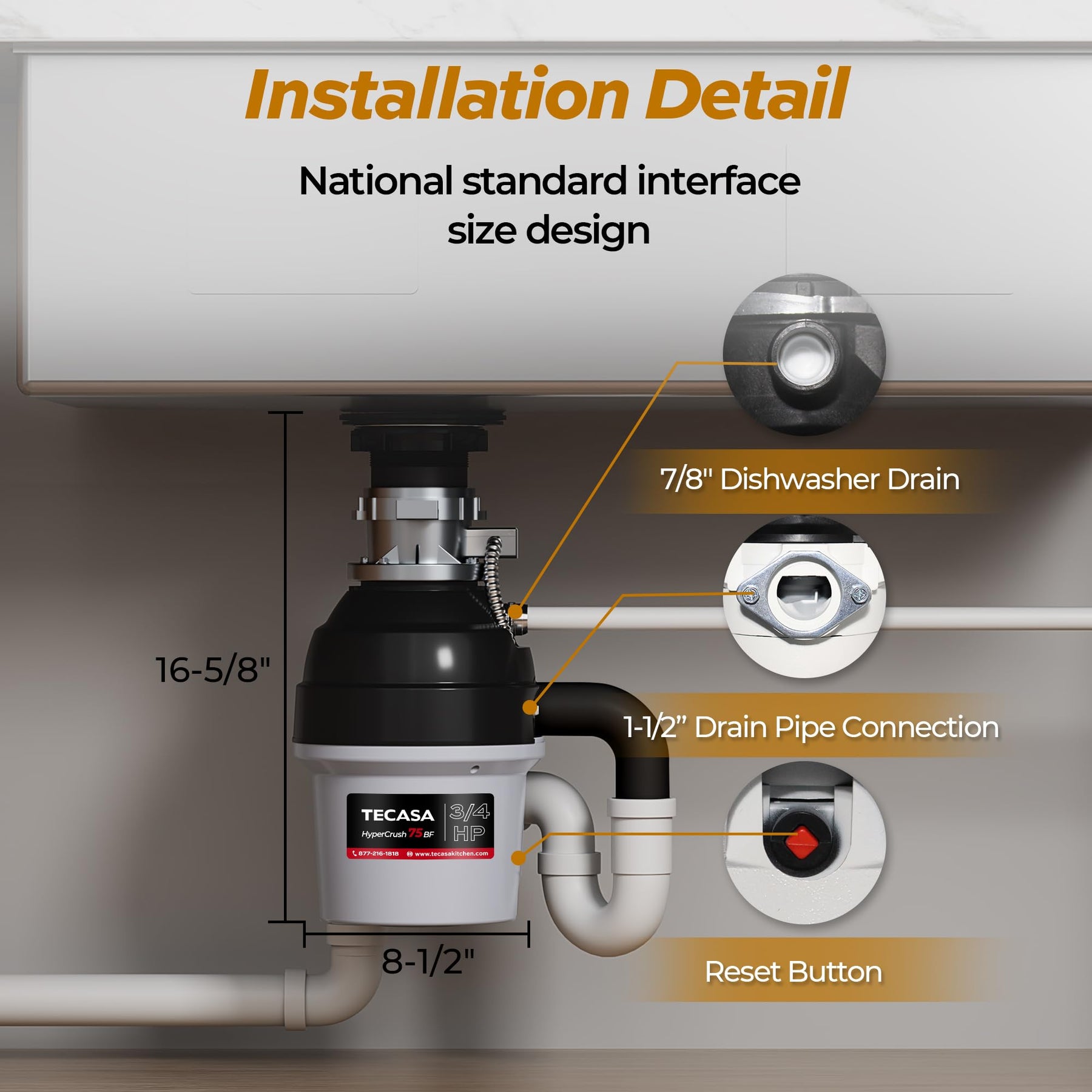 Tecasa HyperCrush 75 3/4 HP Twist-and-Lock Batch Feed Garbage Disposal Kitchen Sink Food Waste