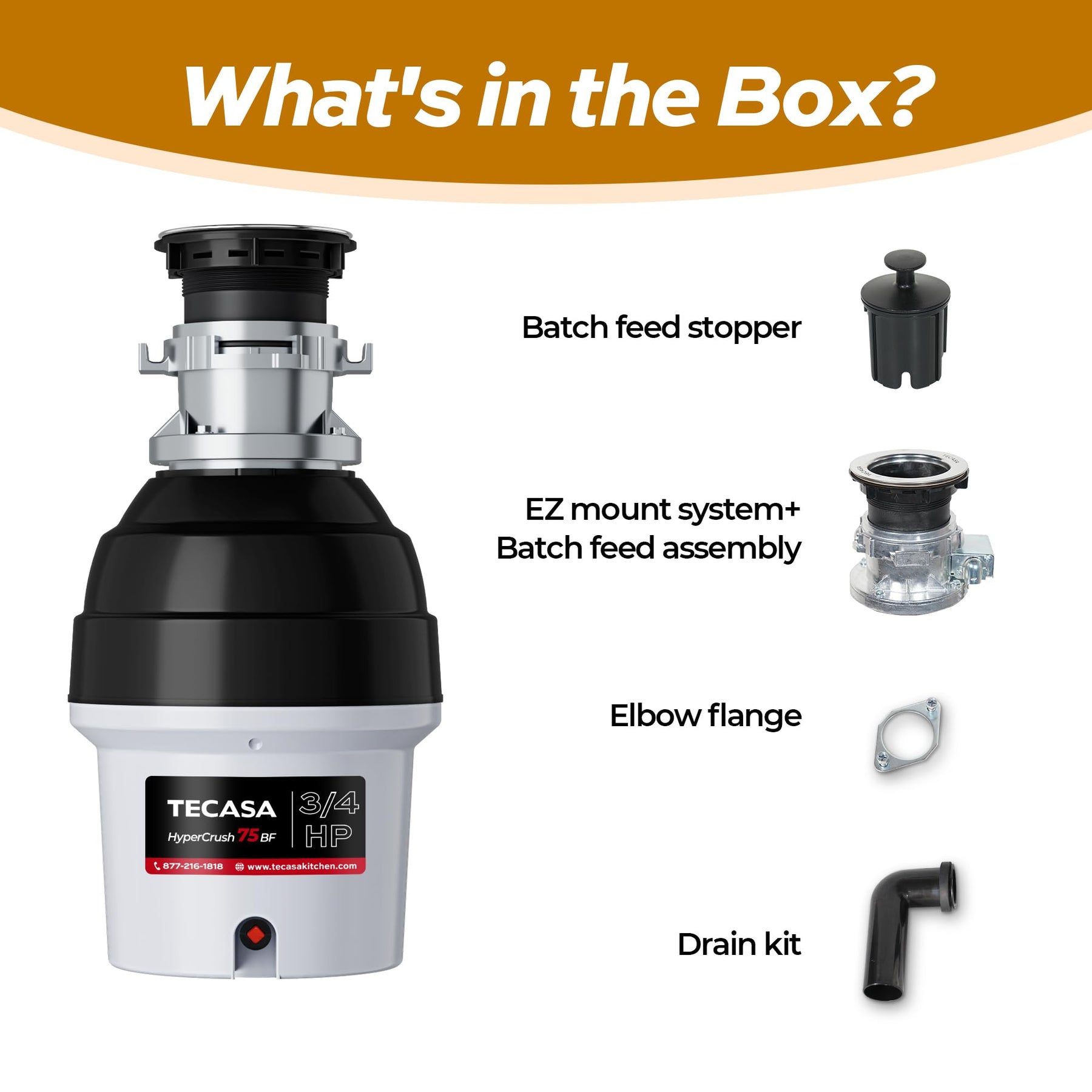 Tecasa HyperCrush 75 3/4 HP Twist-and-Lock Batch Feed Garbage Disposal Kitchen Sink Food Waste
