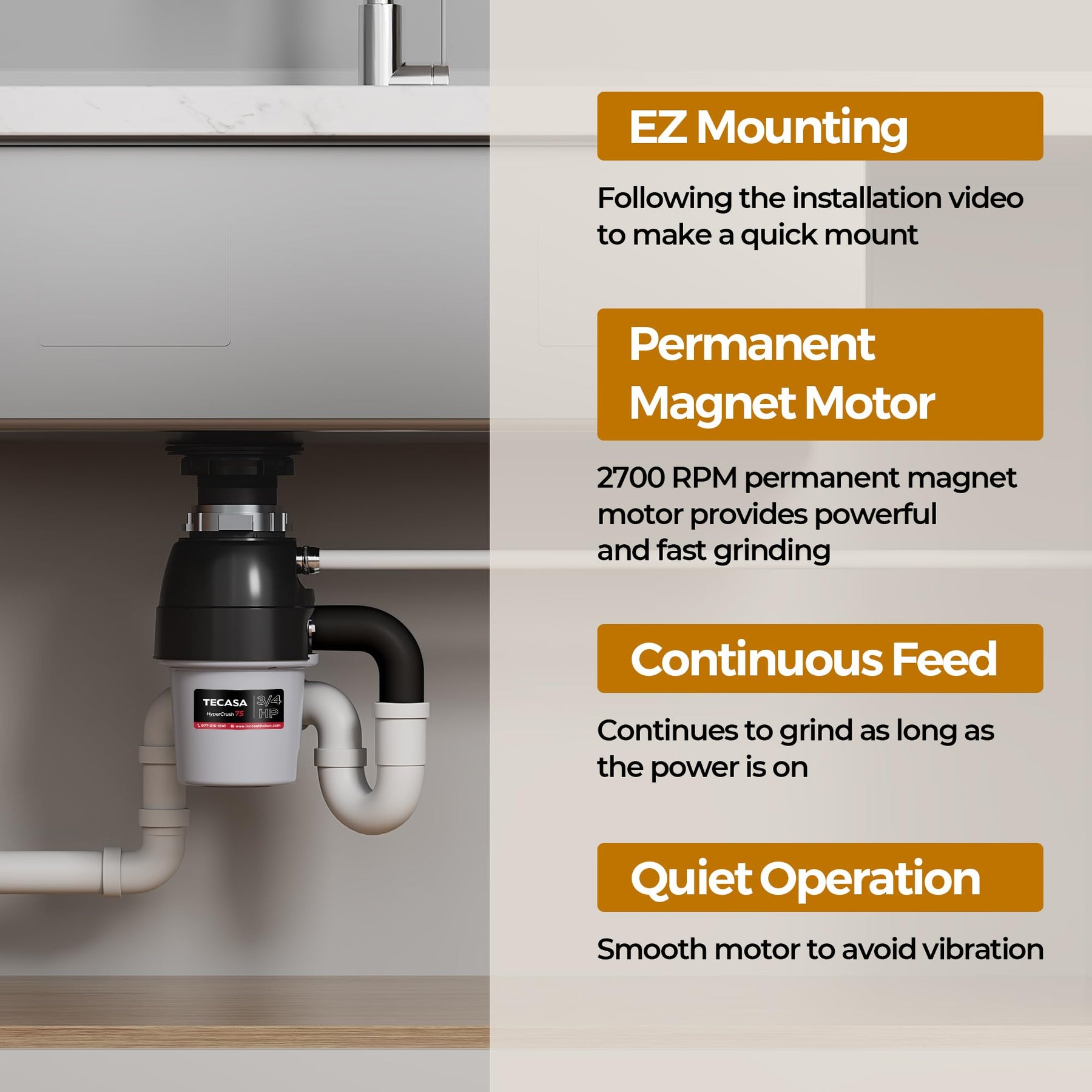 Tecasa HyperCrush 75 3/4 HP Twist-and-Lock Continuous Feed Garbage Disposal Kitchen Sink Food Waste