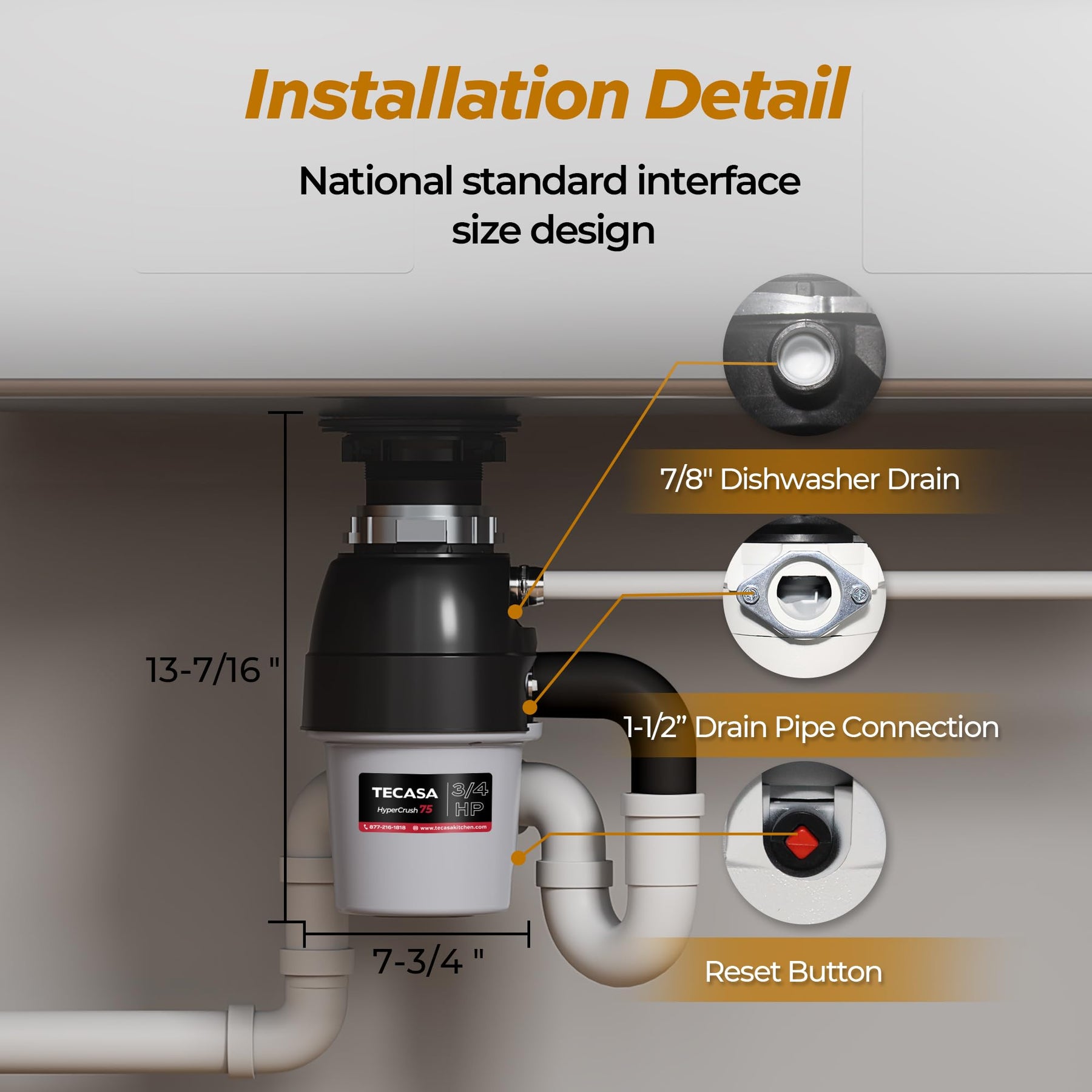 Tecasa HyperCrush 75 3/4 HP Twist-and-Lock Continuous Feed Garbage Disposal Kitchen Sink Food Waste