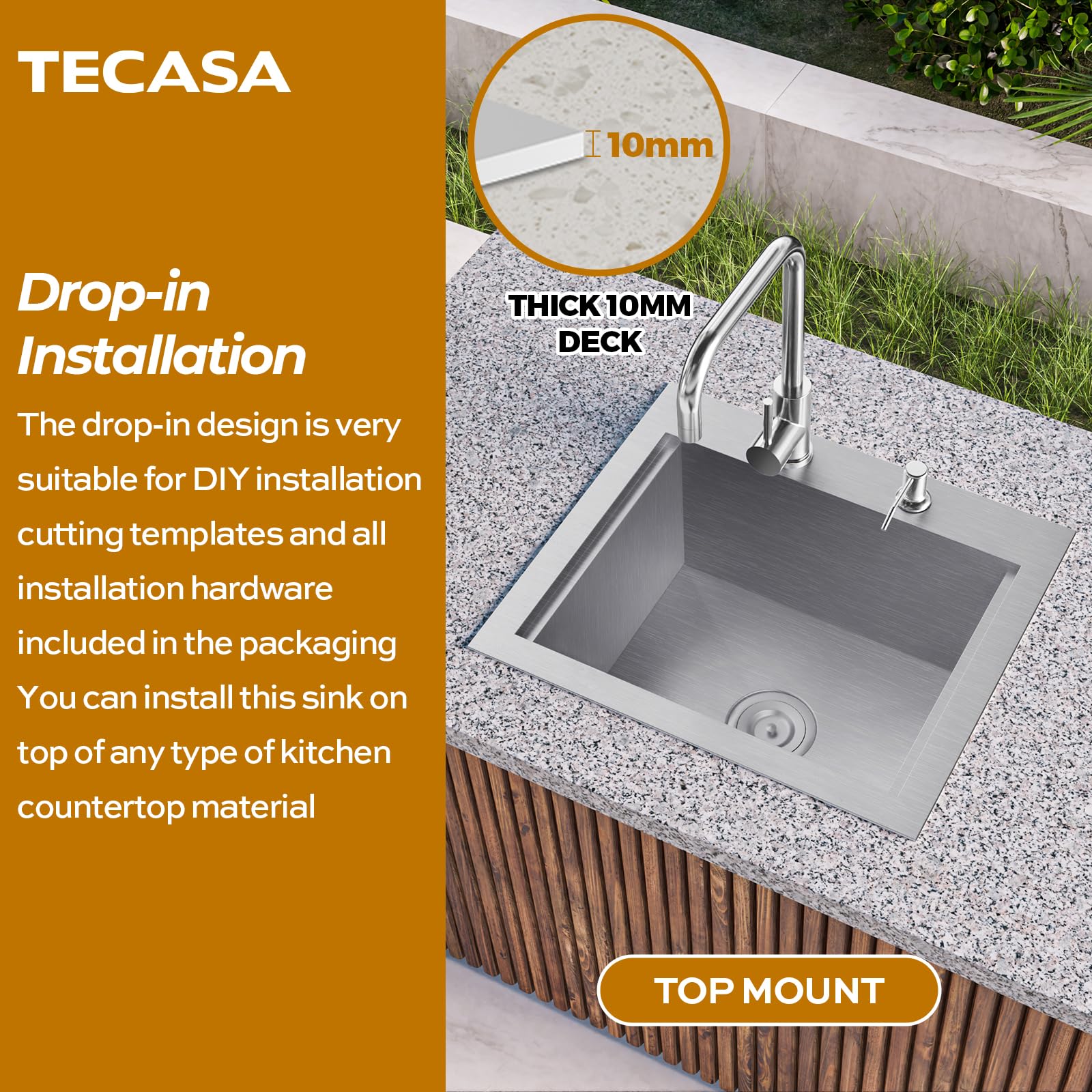 TECASA Outdoor 21 x 18 inch Drop-in Workstation Kitchen Sink