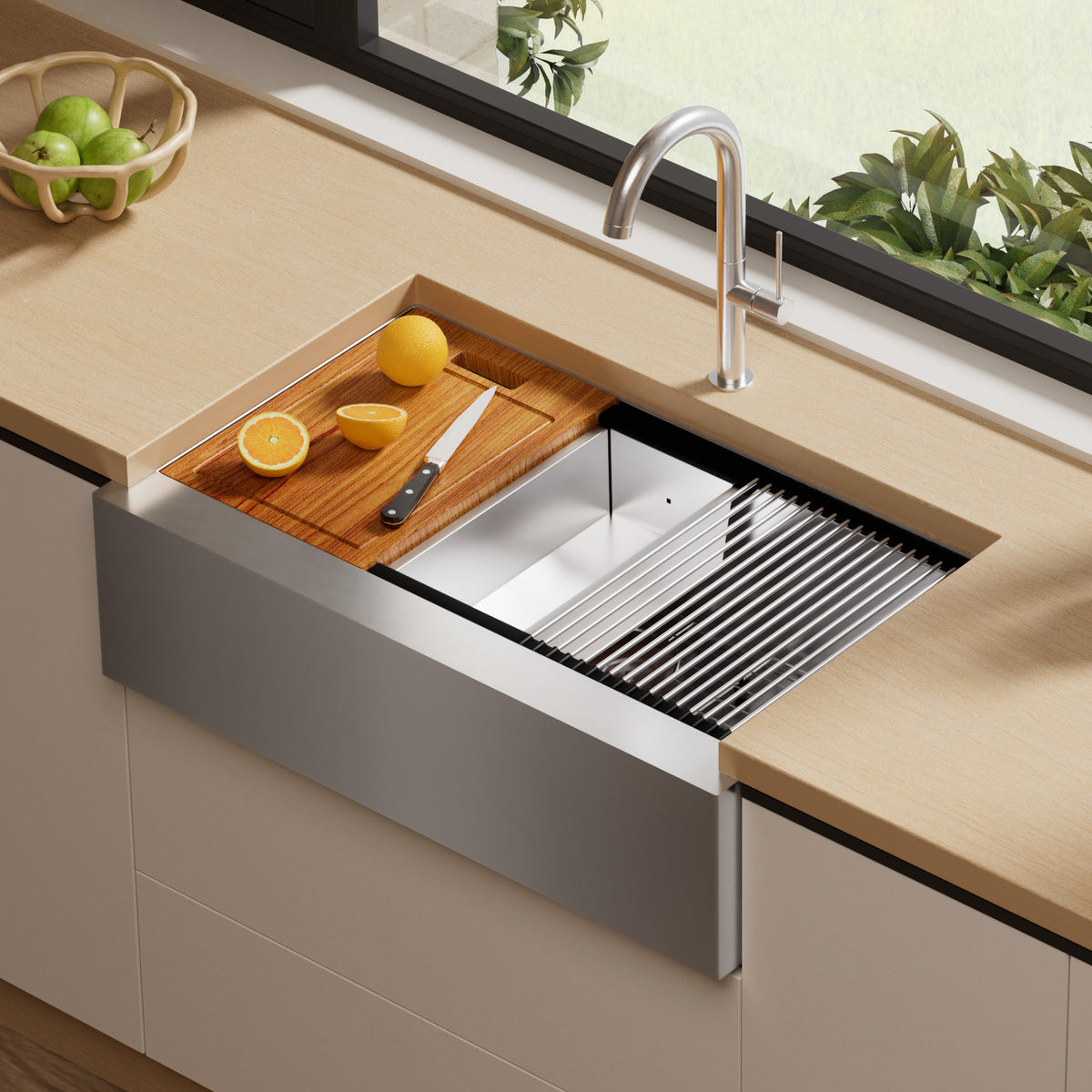 TECASA Flat Apron Front 16 Gauge Stainless Steel Kitchen Sink—33 inch Workstation Farmhouse Sink