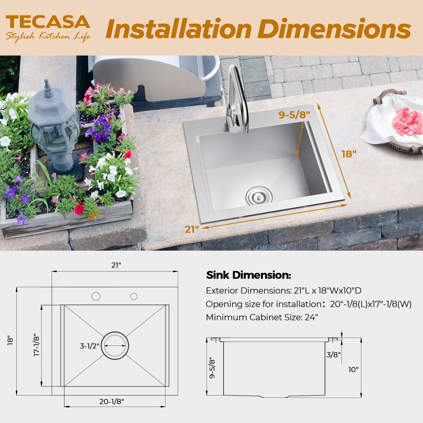 TECASA Outdoor 21 x 18 inch Drop-in Workstation Kitchen Sink