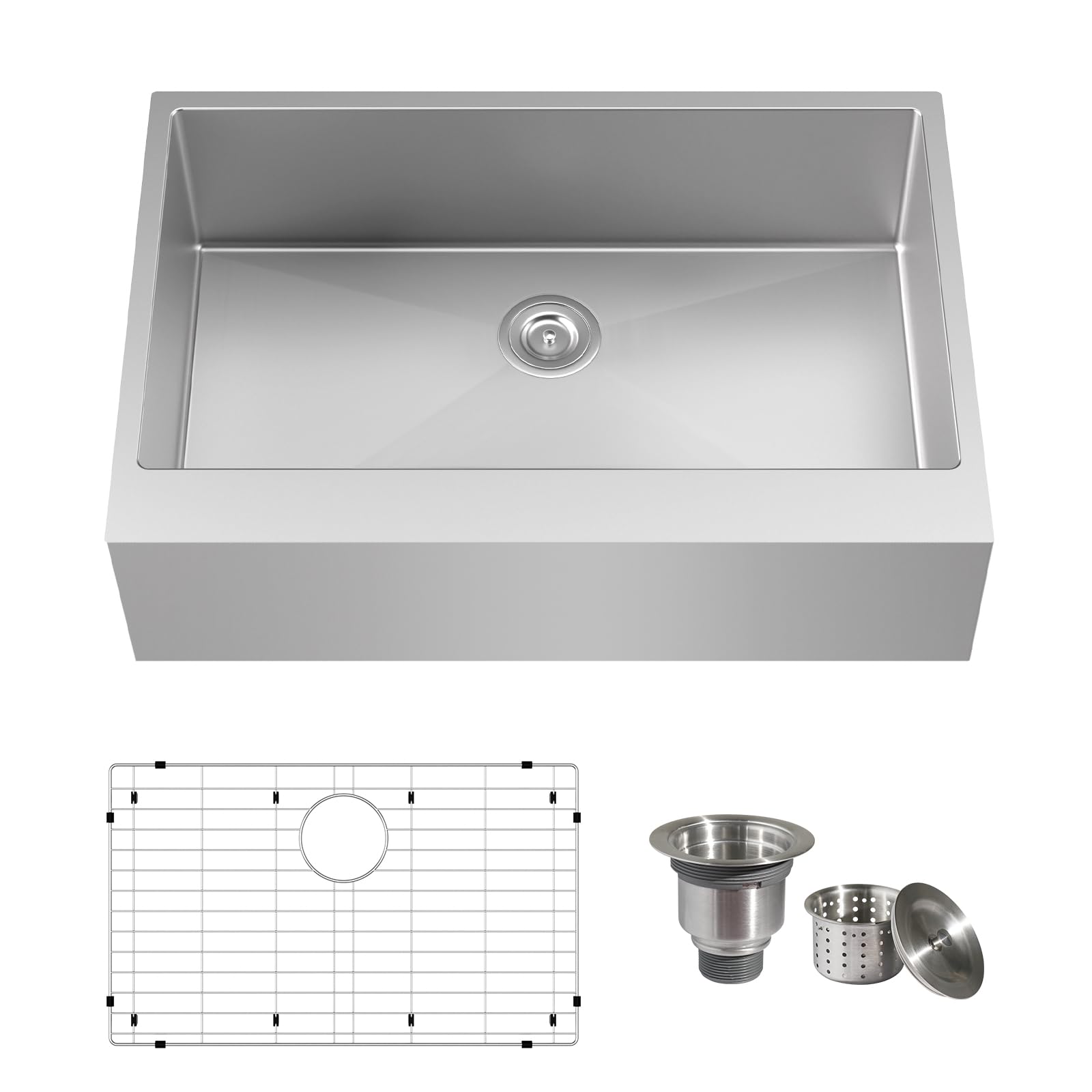 TECASA Flat Apron Front 16 Gauge Stainless Steel Kitchen Sink-36 inch Farmhouse