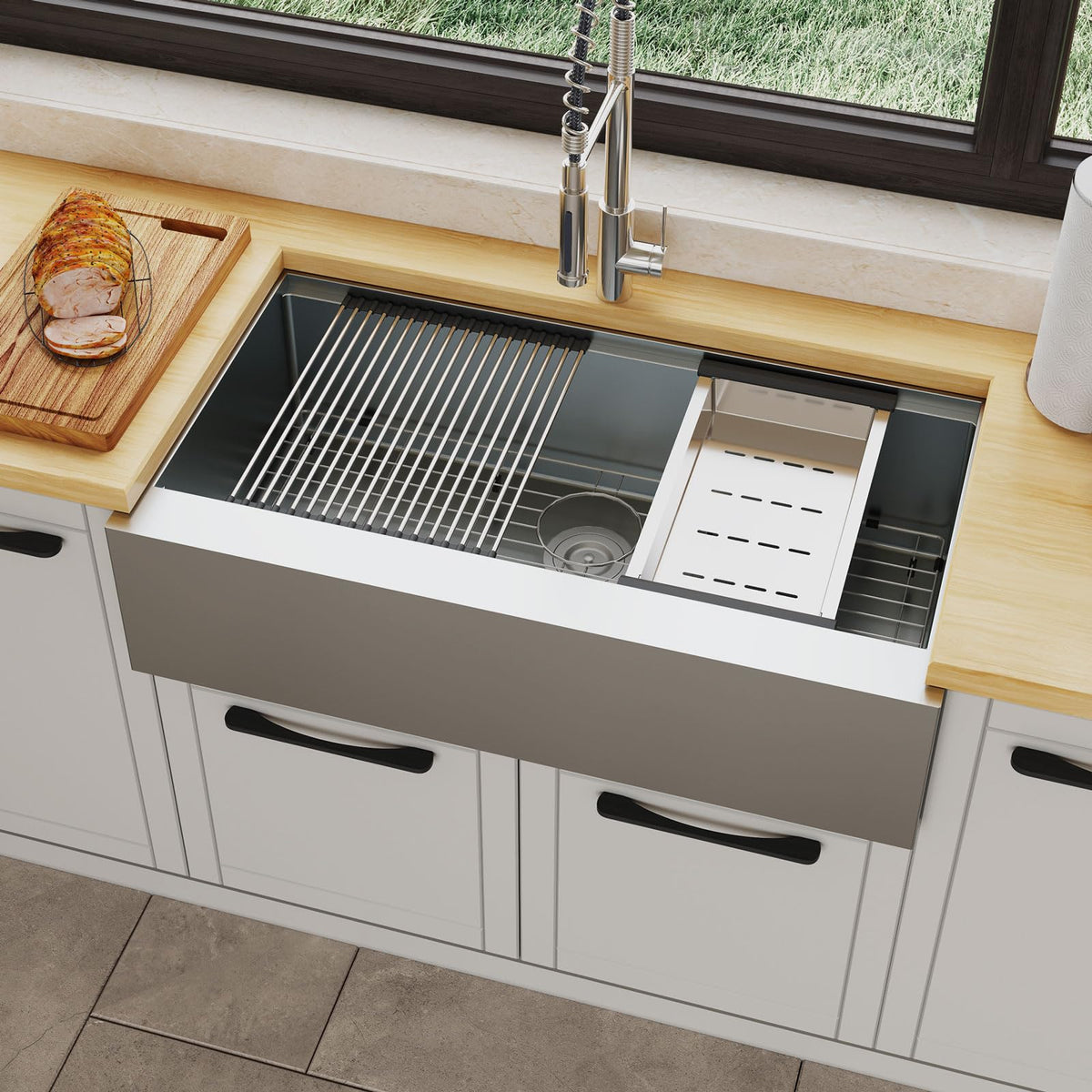 TECASA Flat Apron Front 16 Gauge Stainless Steel Kitchen Sink-36 inch Workstation Farmhouse Sink