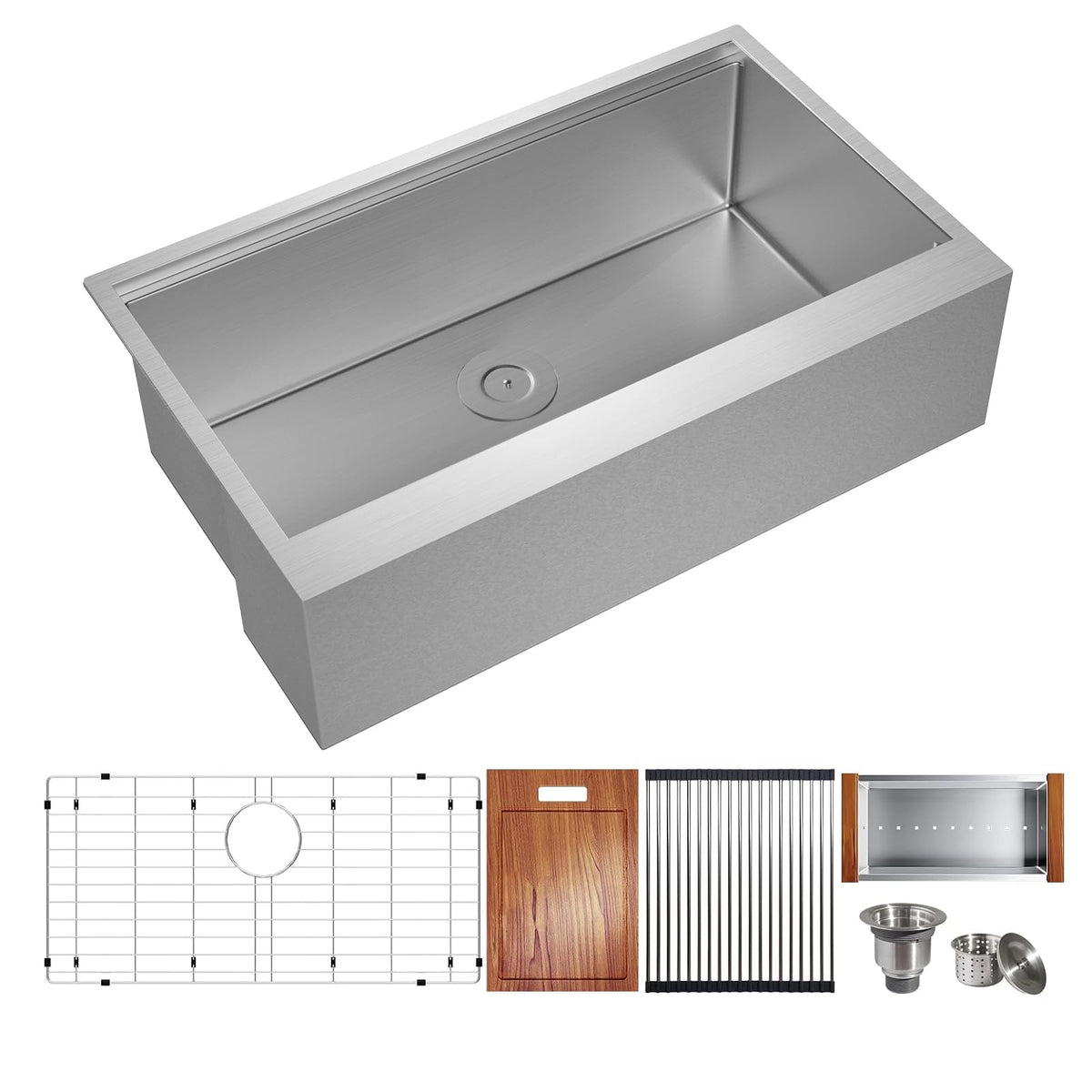 TECASA Flat Apron Front 16 Gauge Stainless Steel Kitchen Sink—33 inch Workstation Farmhouse Sink