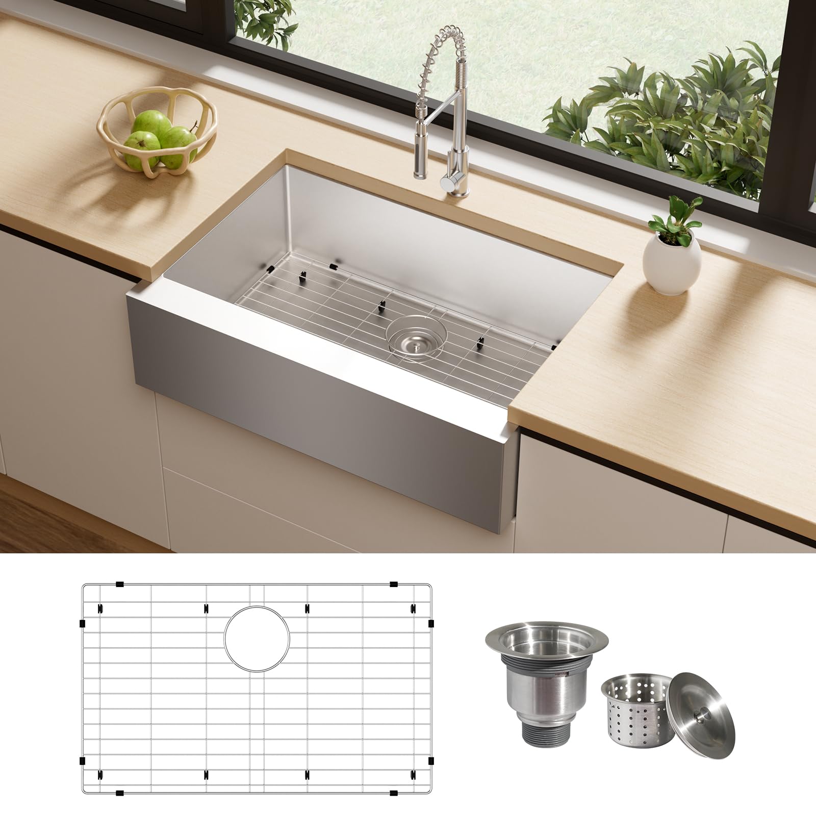 TECASA Flat Apron Front 16 Gauge Stainless Steel Kitchen Sink-36 inch Farmhouse