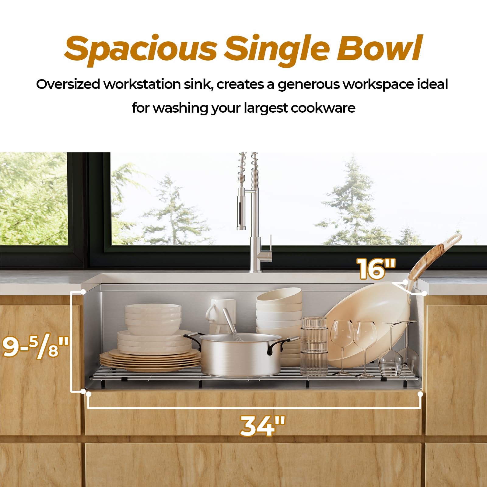 TECASA Undermount Deep Single Bowl—36 inch Workstation Kitchen Sink