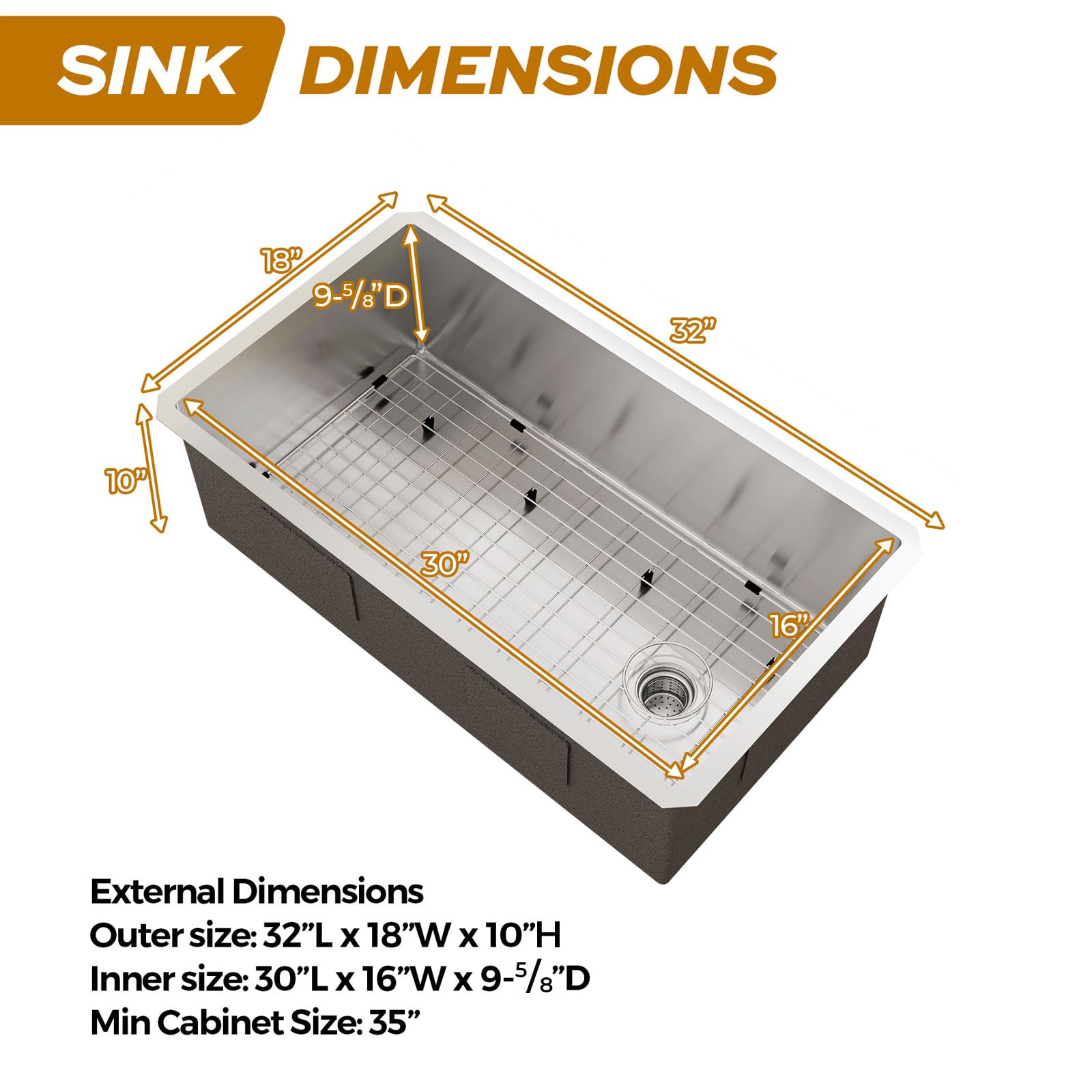 TECASA Undermount Sink Single Bowl Stainless Steel Sink with Sink Grid and Sink Strainer—32 inch Kitchen Sink