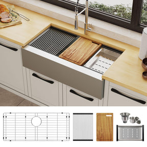 TECASA Flat Apron Front 16 Gauge Stainless Steel Kitchen Sink-36 inch Workstation Farmhouse Sink