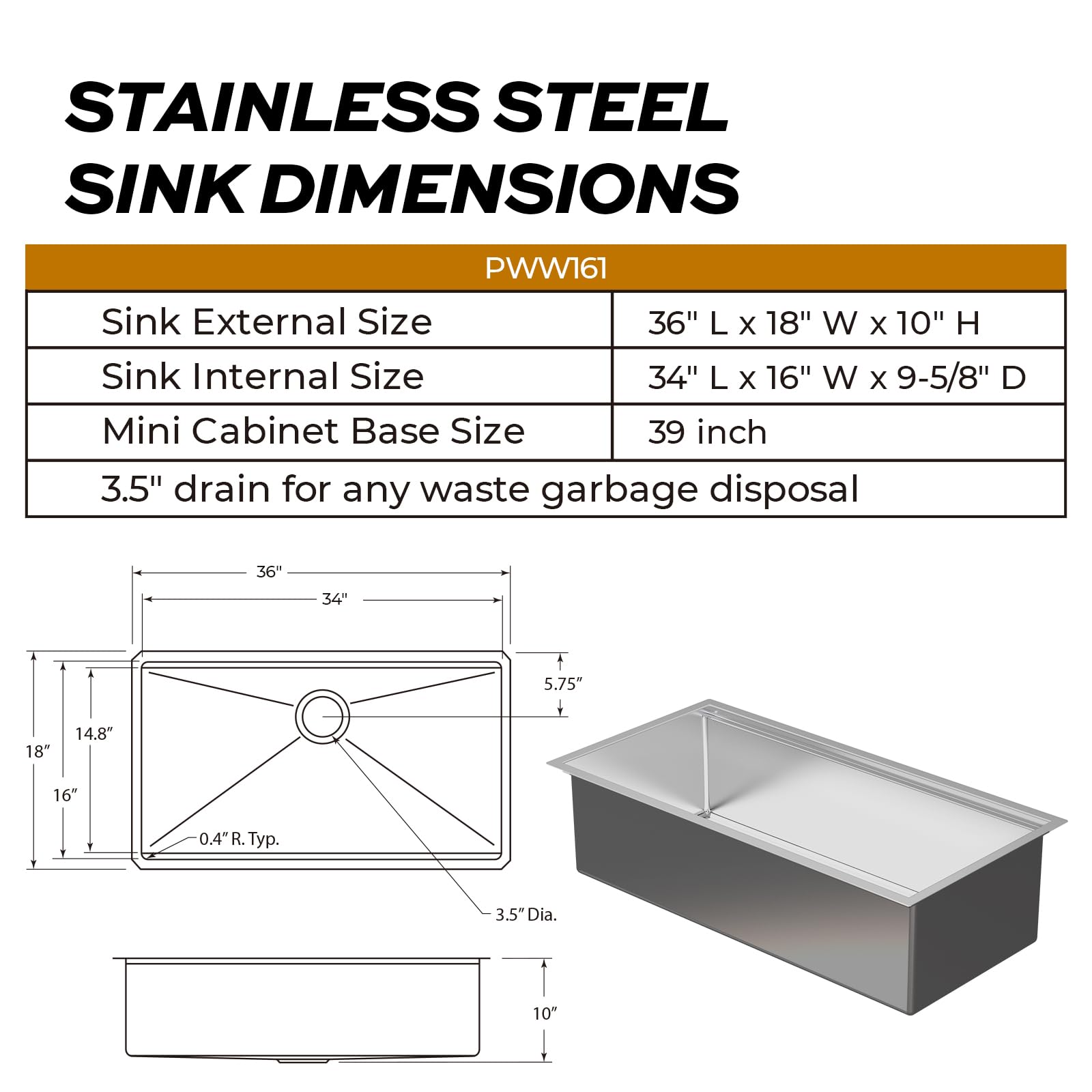 TECASA Undermount Deep Single Bowl—36 inch Workstation Kitchen Sink