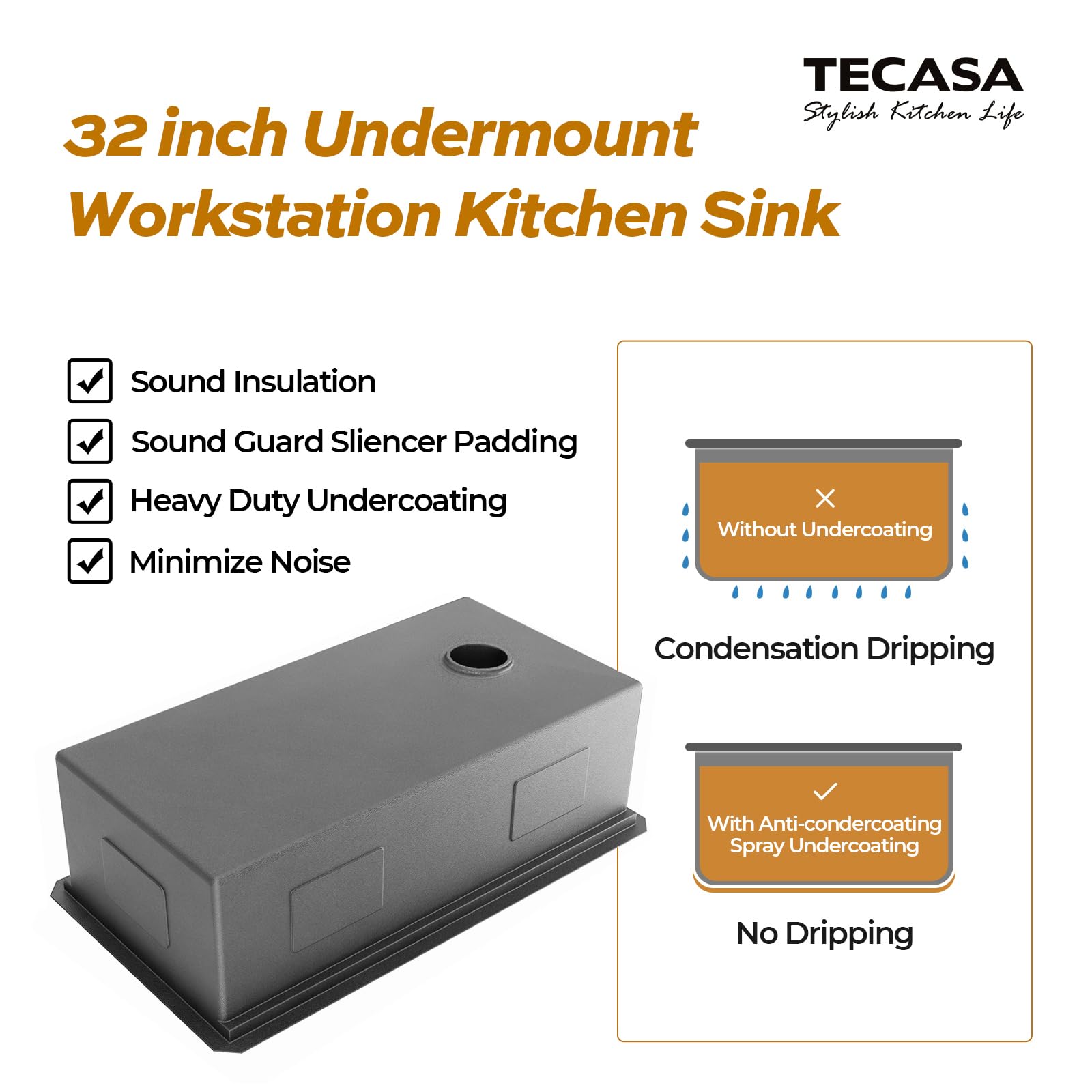 TECASA Undermount Deep Single Bowl—32 inch Workstation Kitchen Sink