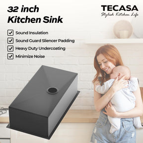 TECASA Undermount Sink Single Bowl Stainless Steel Sink with Sink Grid and Sink Strainer—32 inch Kitchen Sink