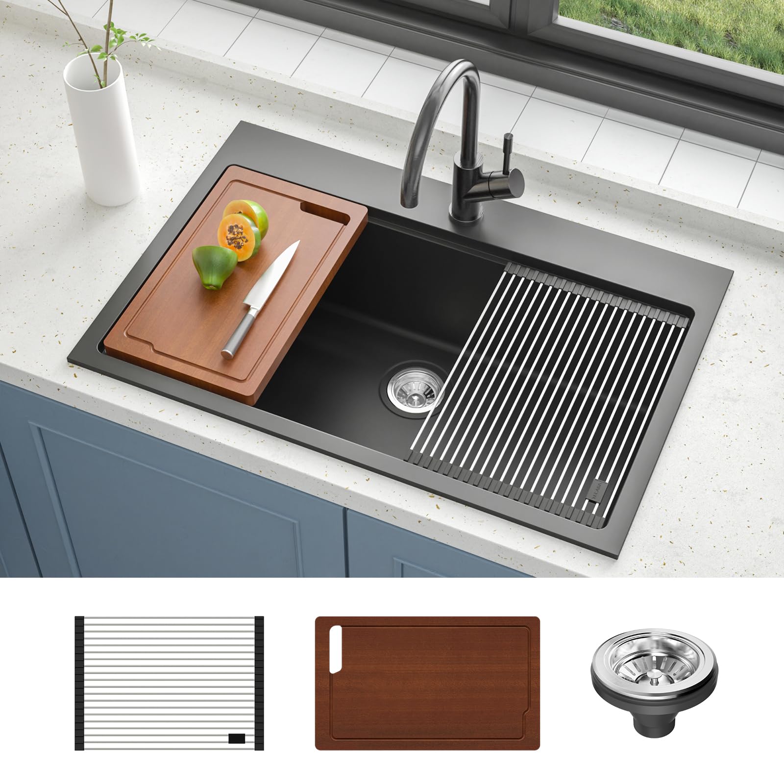 Workstation Kitchen Sink, 33 inch Granite Composite Single Bowl Topmount Sink with Accessories Drying Rack and Cutting Board, Matte Black