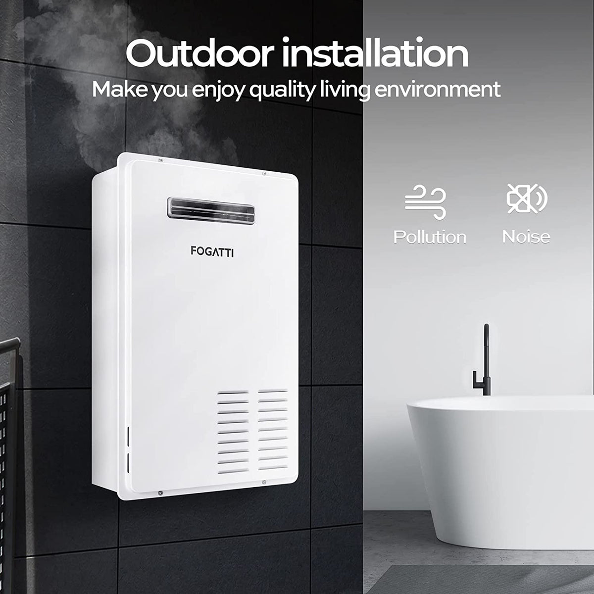 Fogatti Natural Gas Tankless Water Heater, Outdoor 7.5 GPM, 170,000 BTU White Instant Hot Water Heater, InstaGas Comfort 170S Series
