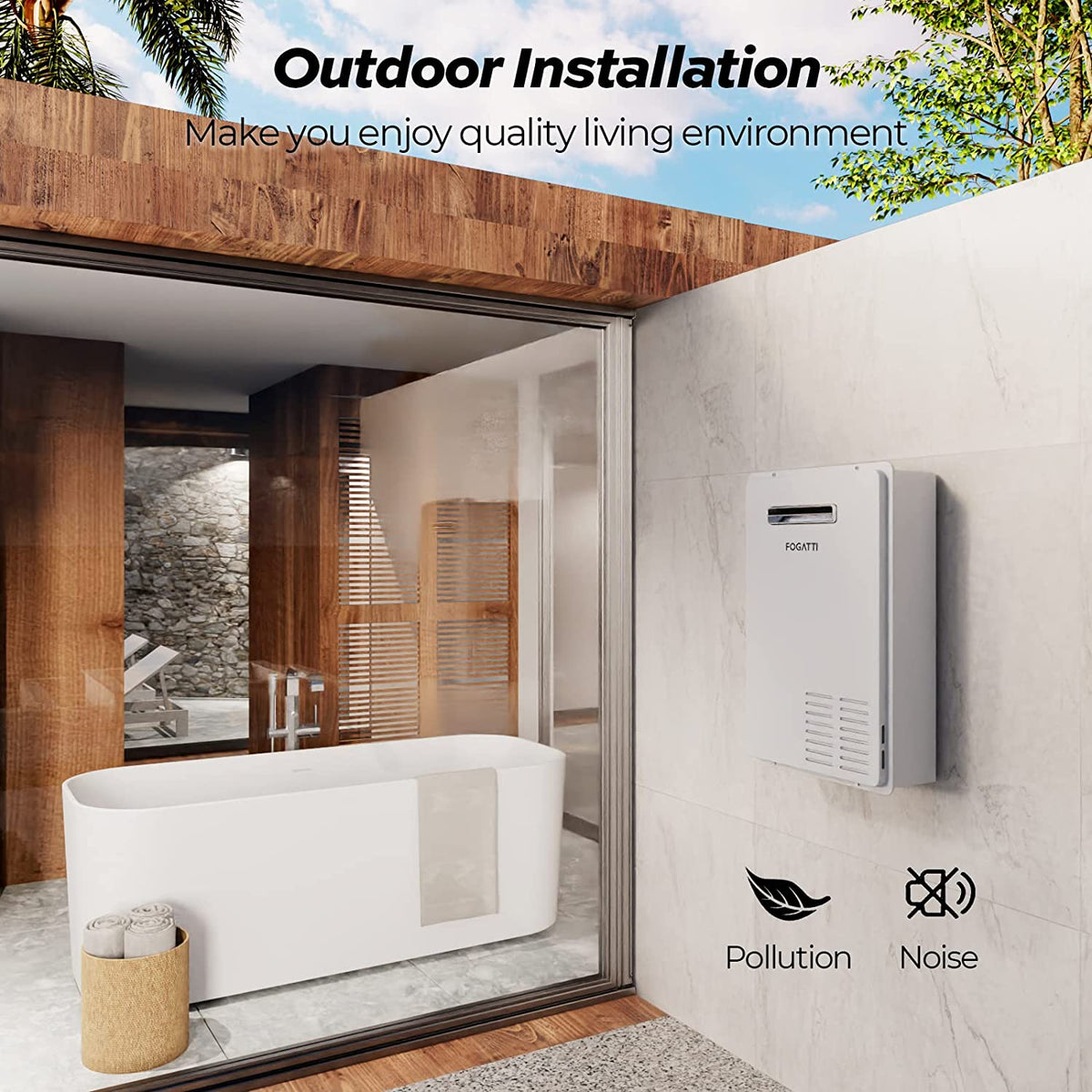 Propane Gas Tankless Water Heater, FOGATTI Outdoor 7.5 GPM, 170,000 BTU White Instant Hot Water Heater, InstaGas Comfort 170S Series