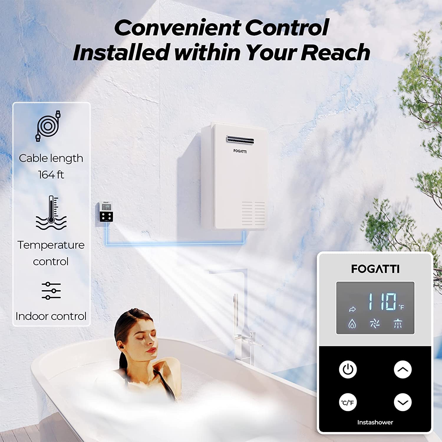 Fogatti Propane Gas Tankless Water Heater, FOGATTI Outdoor 7.5 GPM, 170,000 BTU White Instant Hot Water Heater, InstaGas Comfort 170S Series