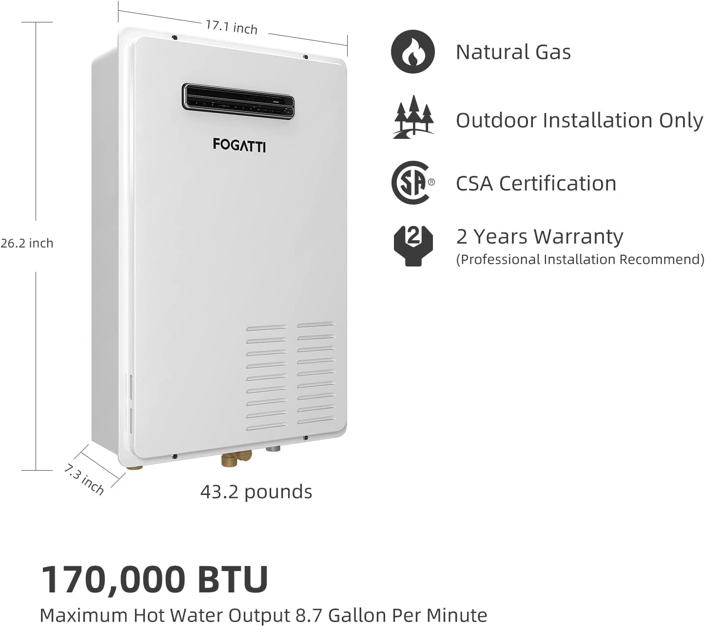 Fogatti Natural Gas Tankless Water Heater, Outdoor 7.5 GPM, 170,000 BTU White Instant Hot Water Heater, InstaGas Comfort 170S Series