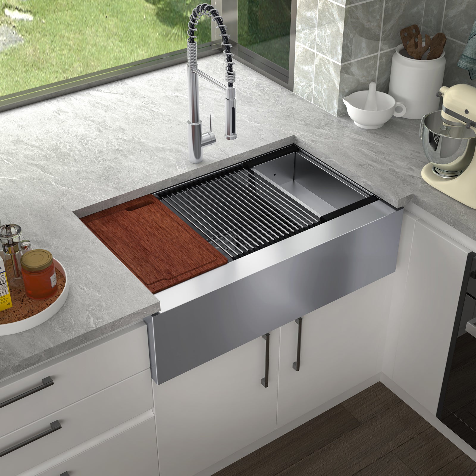 TECASA 33" Flat Apron Front Deep Single Bowl Workstation Farmhouse Kitchen Sink